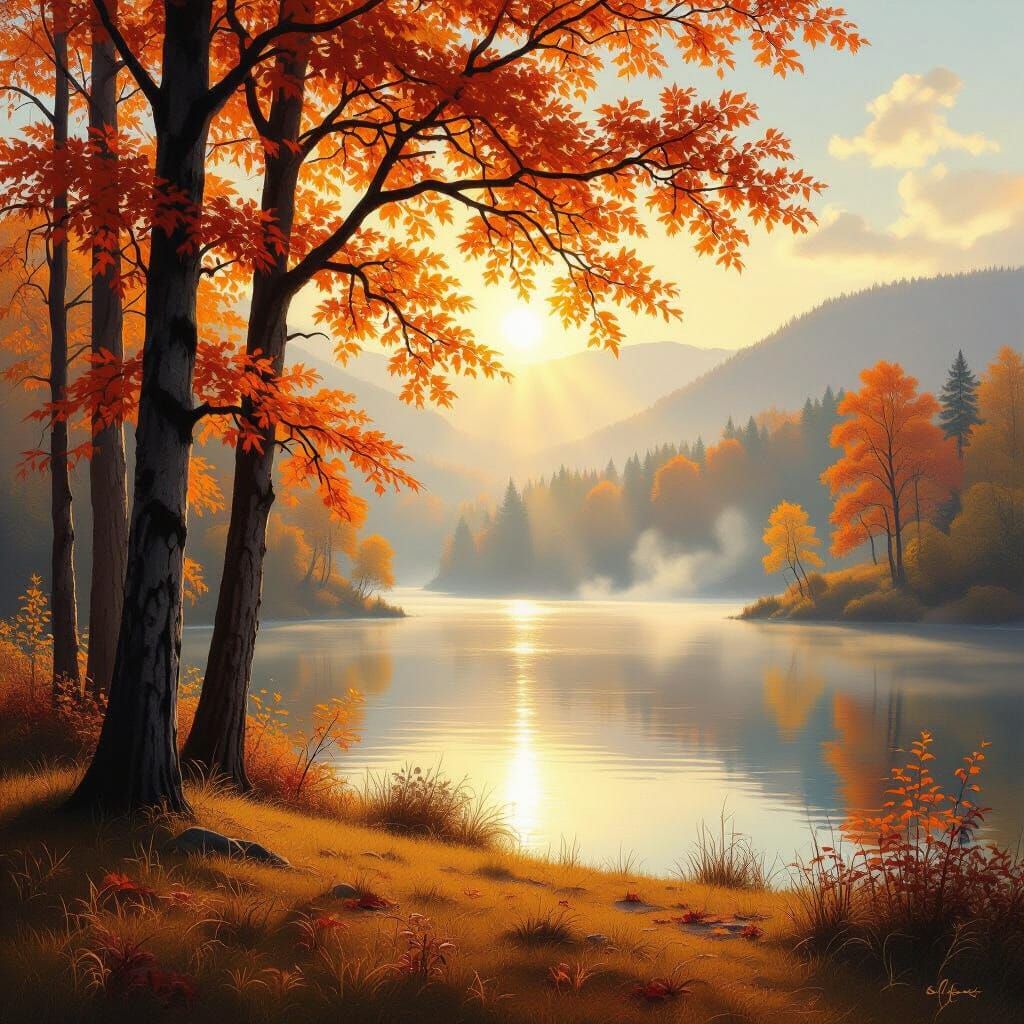 Tranquil Autumn Landscape Painting with Golden Light
