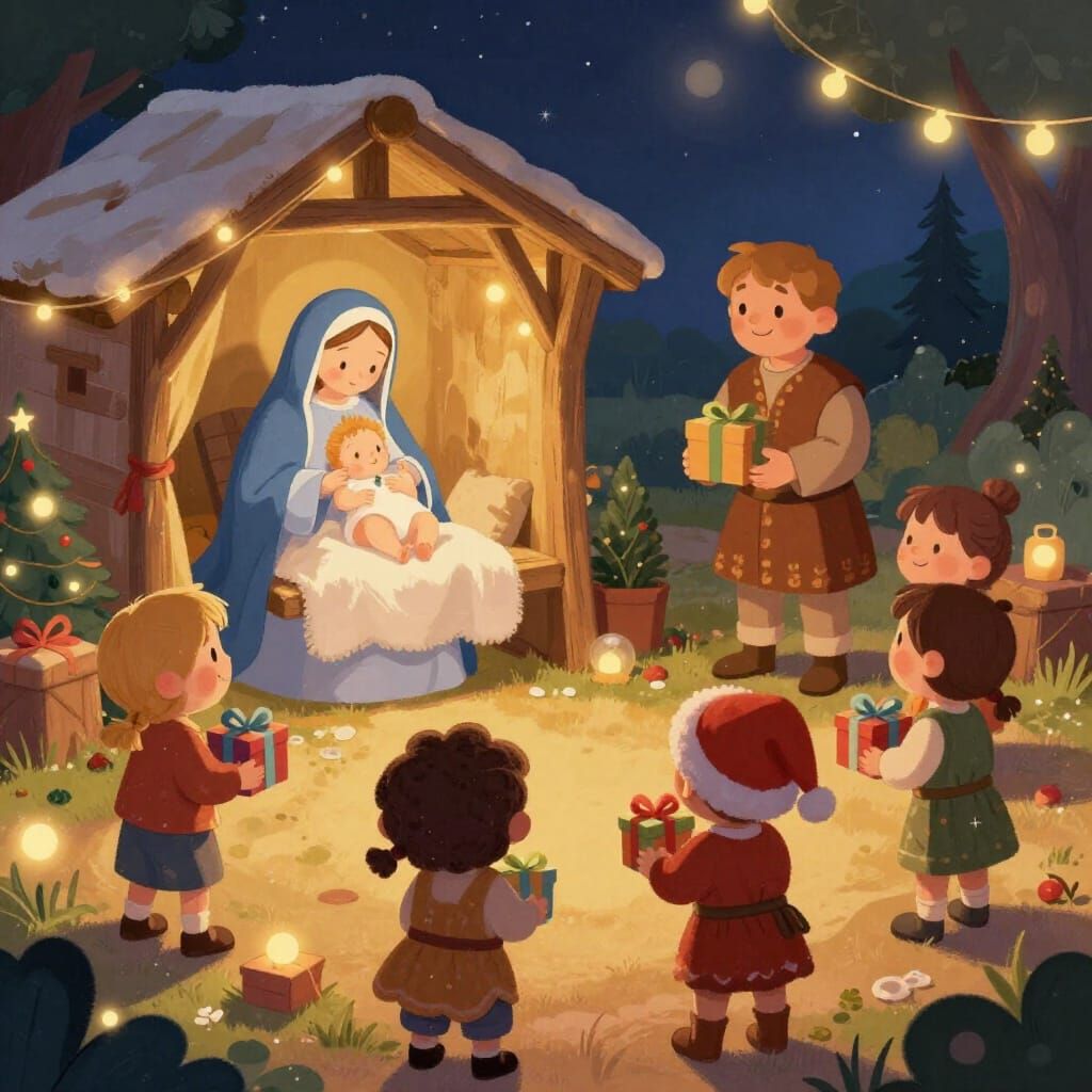 Children Celebrate Christmas Joyfully in Storybook Style
