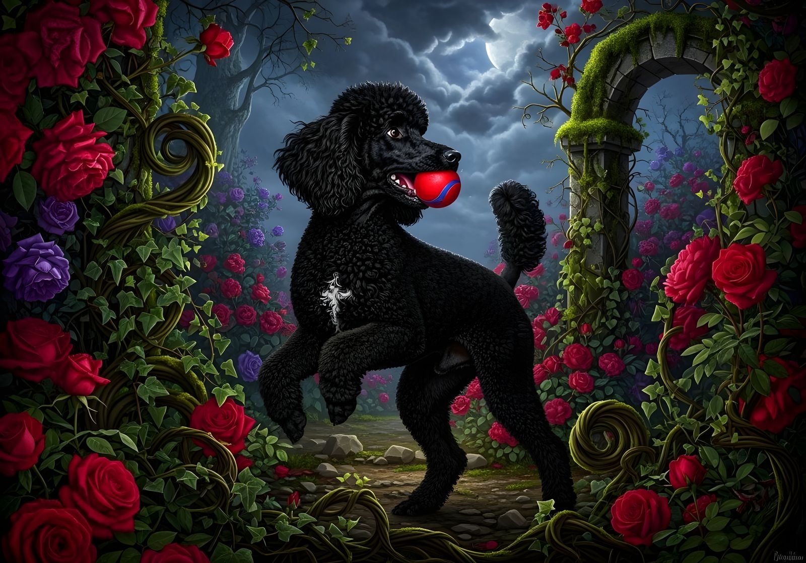 Black Poodle Playing Ball in Garden