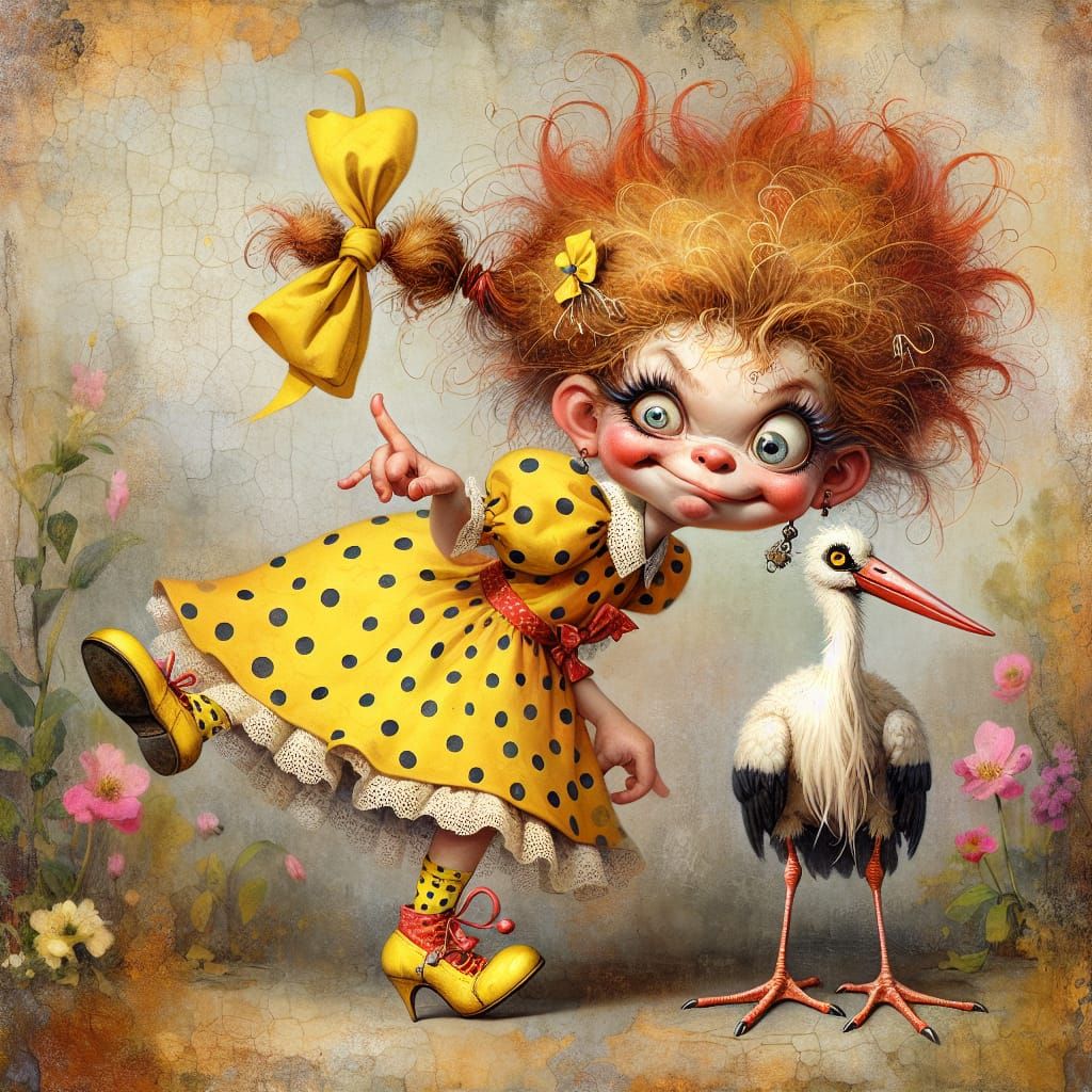 Doll Girl with Stork in Whimsical Matte Painting