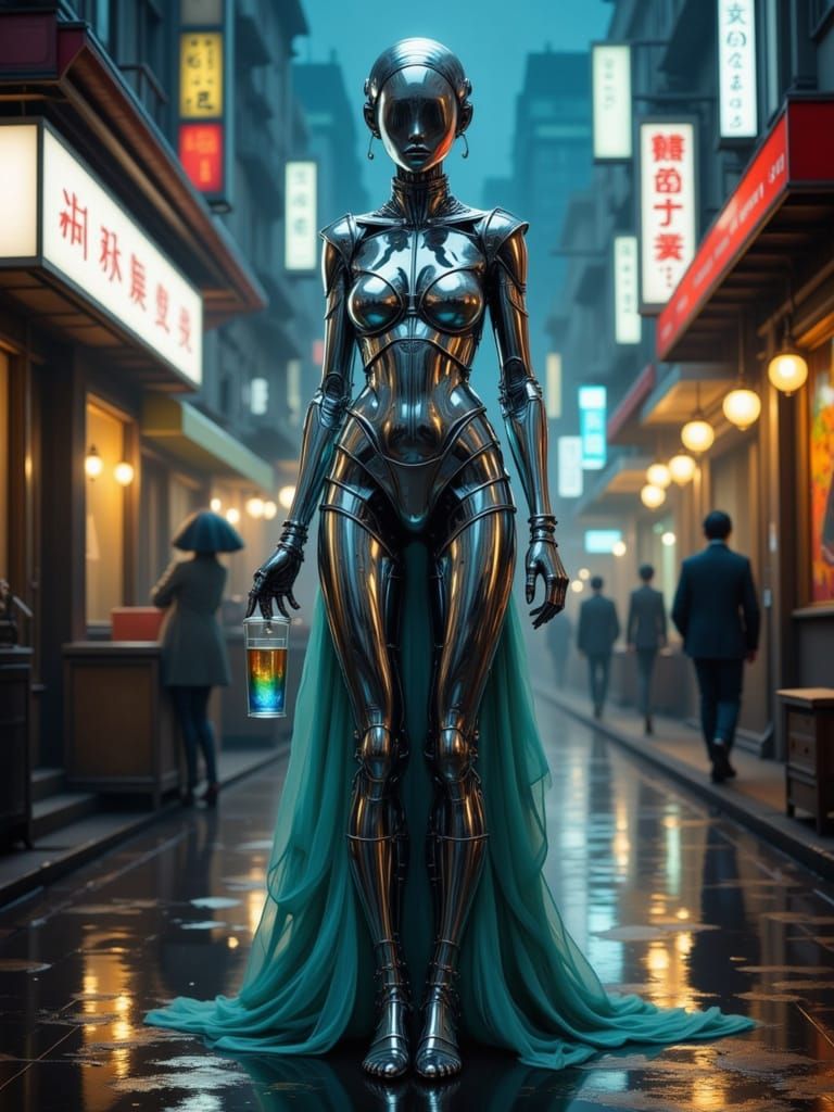 Chrome Woman Drinks Mercury in Neon Osaka