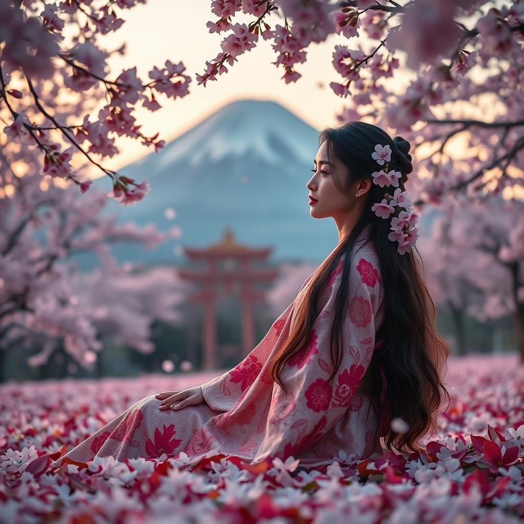 Japanese Model in Kimono with Cherry Blossoms