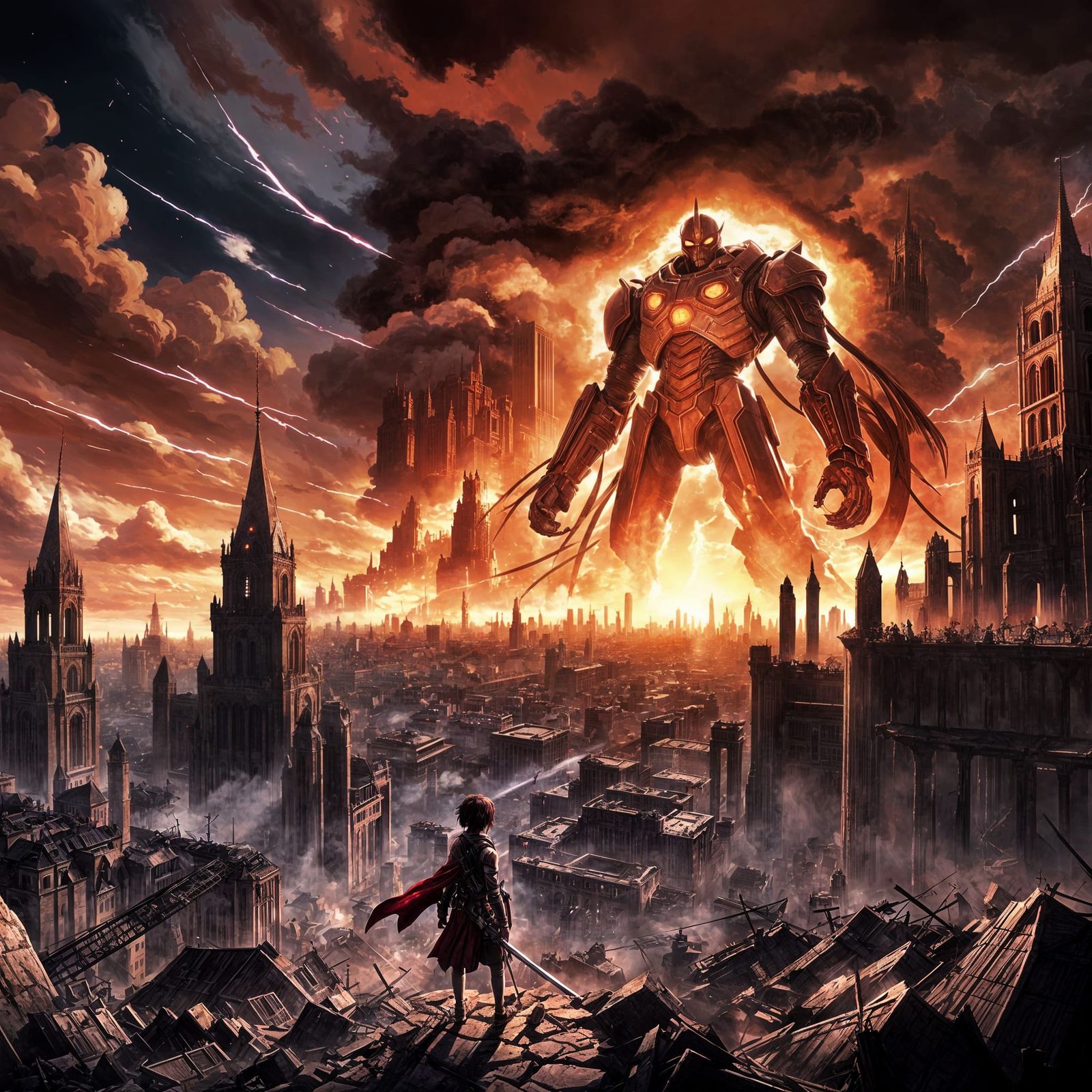 Anime Overlord Levites Above Army in Apocalyptic Scene