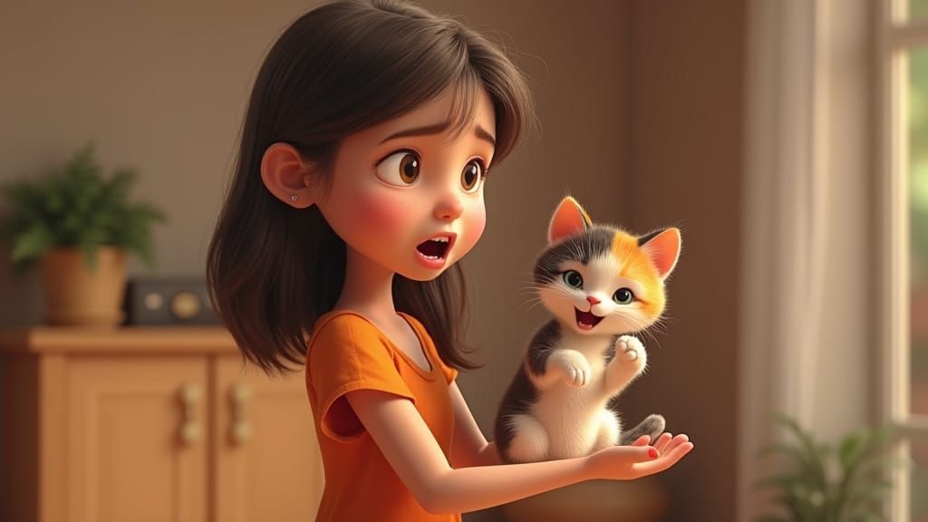 Girl Recoils from a Calico Cat in Disgust