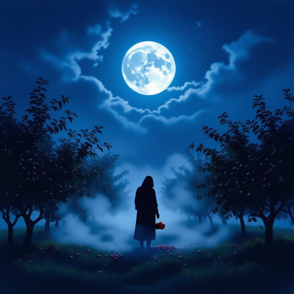 Moonlit Orchard Apple Picking in Atmospheric Style