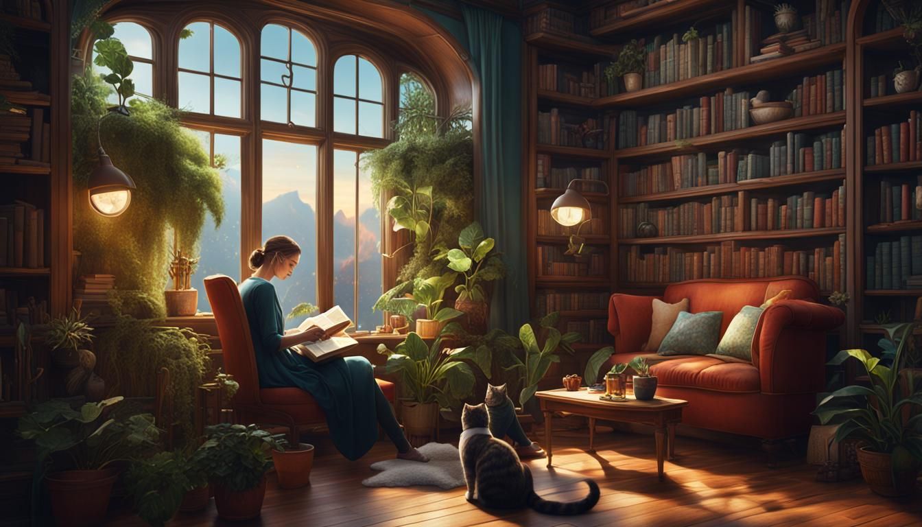 Woman Reading in Cosy Library with Cats