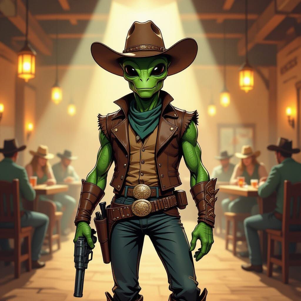 Alien Cowboy in Wild West Saloon Comic Art Style