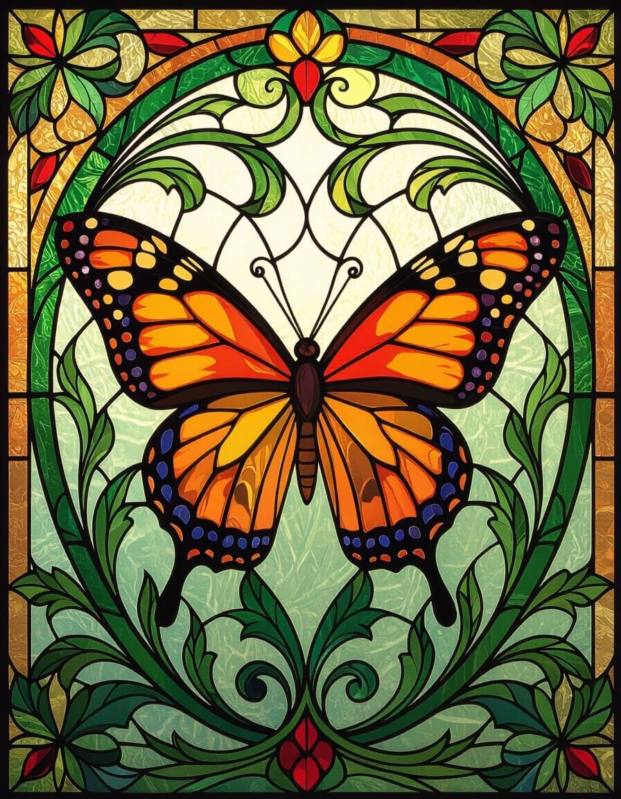 intricate stained-glass artwork featuring Monarch butterfly, designed in the style of classic Art Nouveau windows; rich ...