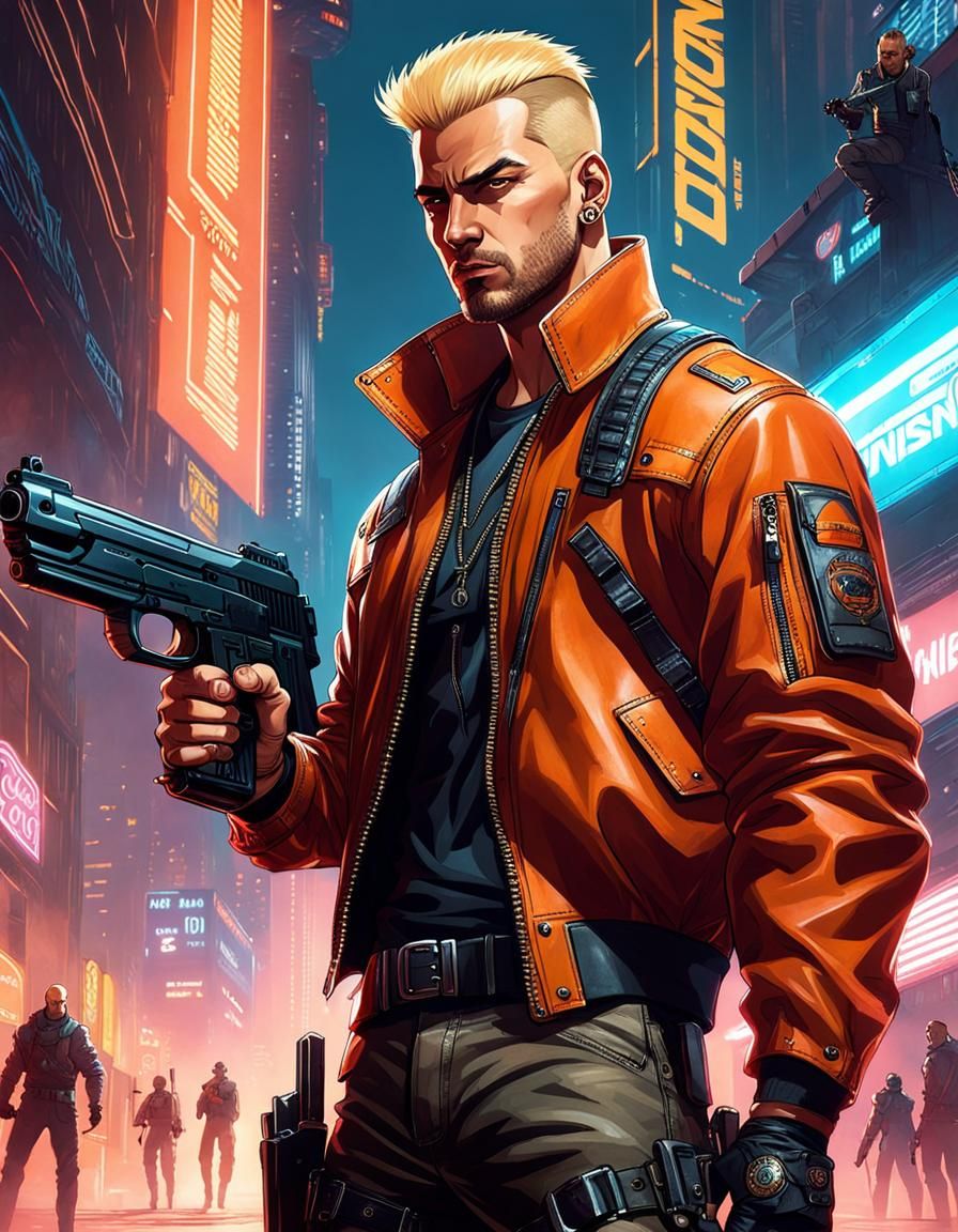 Cyberpunk Mercenary in Action with Pistol