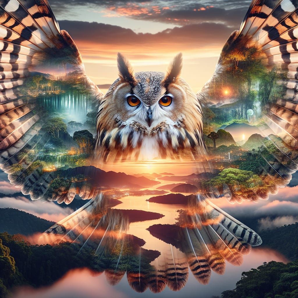 Majestic Owl in Surreal Sunset Landscape