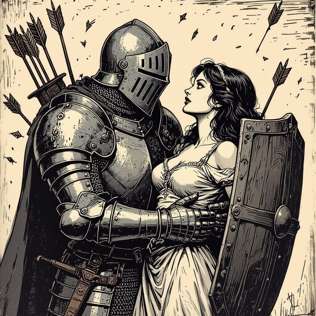 Armored Knight Protecting Woman, in Woodcut Style