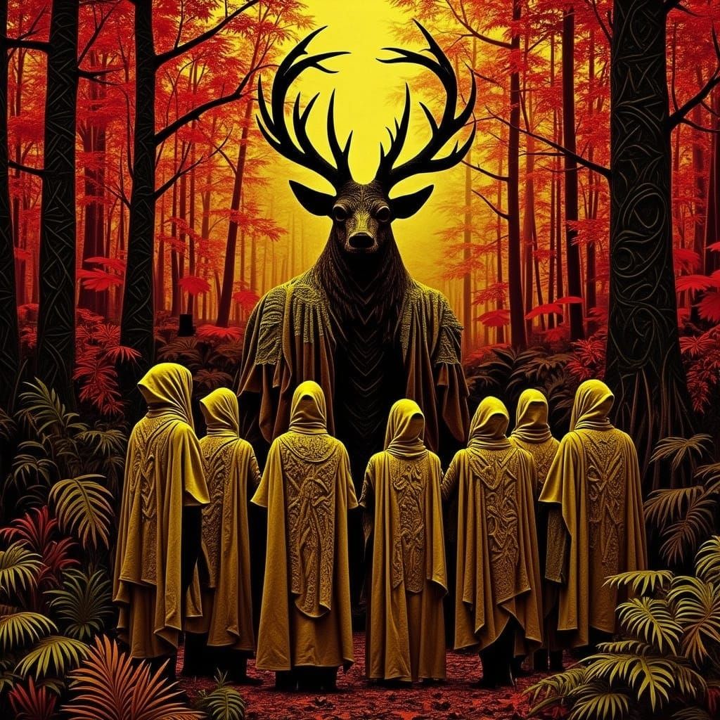Pagan Priests in Red Forest with Stag God