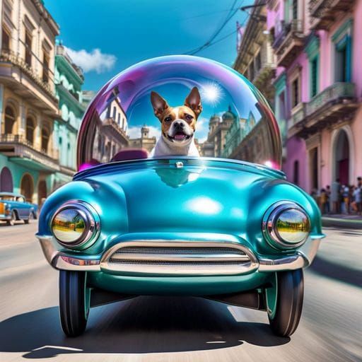 Dog Driving Bubble Car in Havana: Retrofuturism