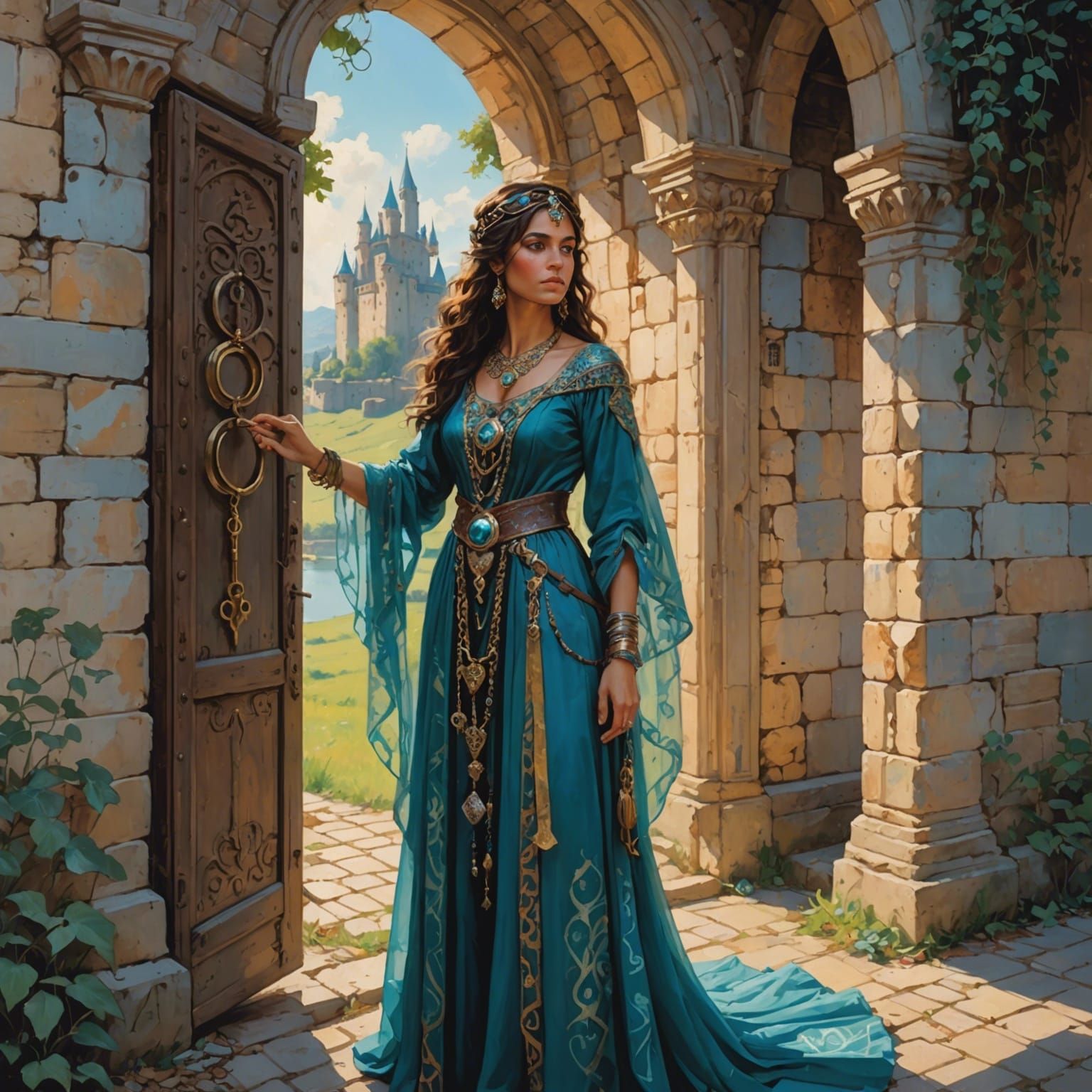 Romani Woman with Keys in Ancient Castle Doorway