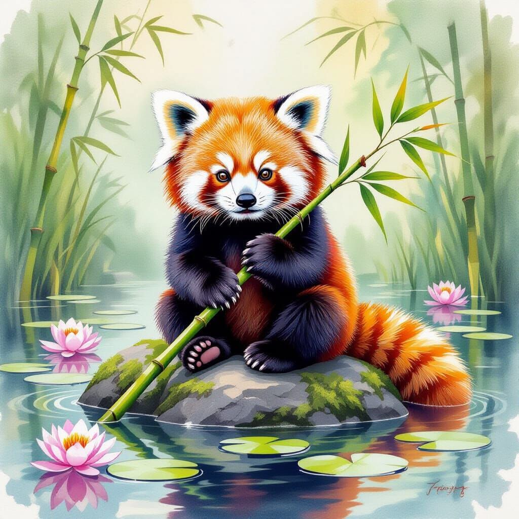 Baby Red Panda With Bamboo in Watercolor and Oil Style