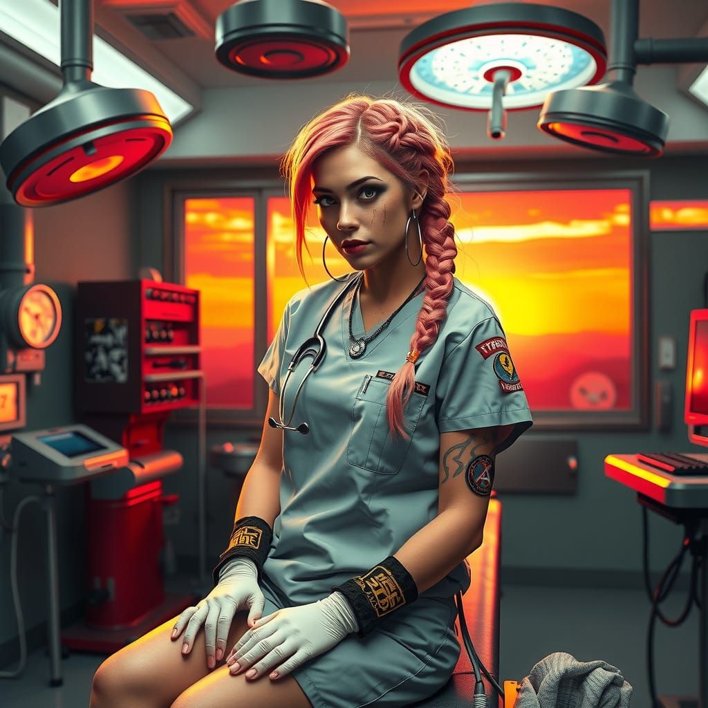Punk Rock Surgeon in Operating Room, Gritty Aesthetic