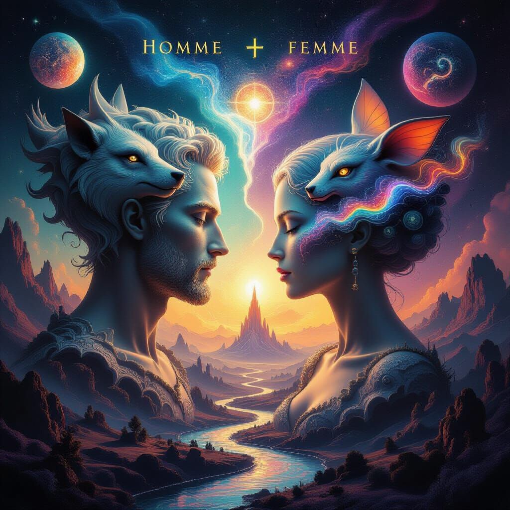 Cosmic Duality: Human-Animal Iconography in Ethereal Landsca...