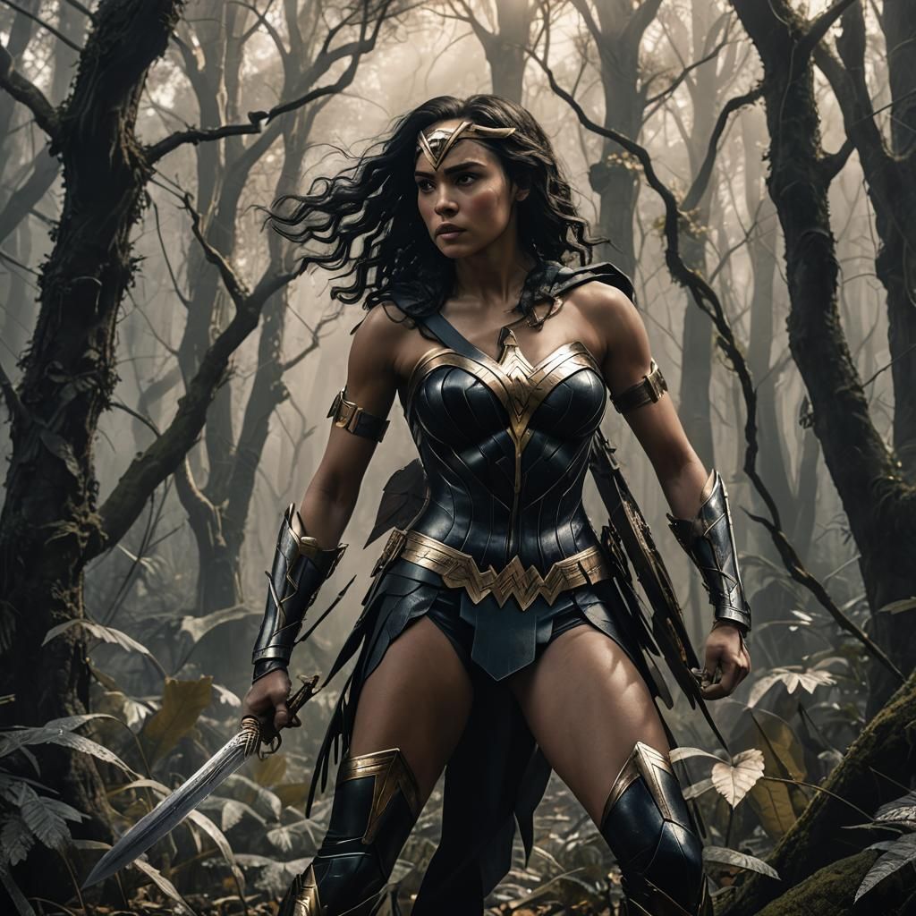 Black Wonderwoman in Mystical Forest: Fantasy Concept Art
