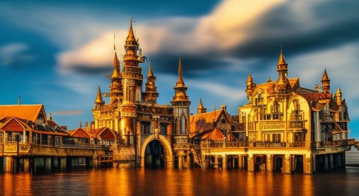 Golden Steampunk City by the Sea at Sunset
