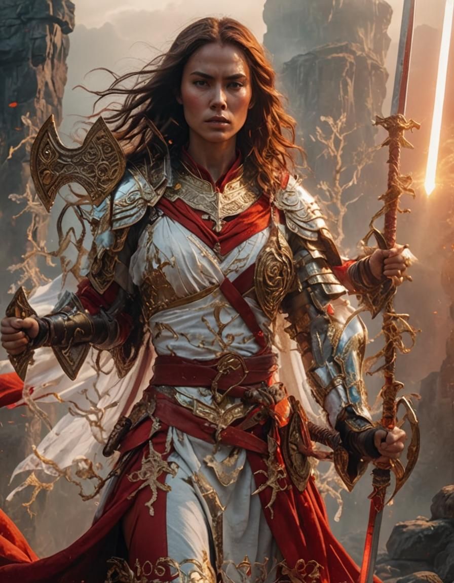 Vibrant Warrior Woman in Red and White, Holding Sword