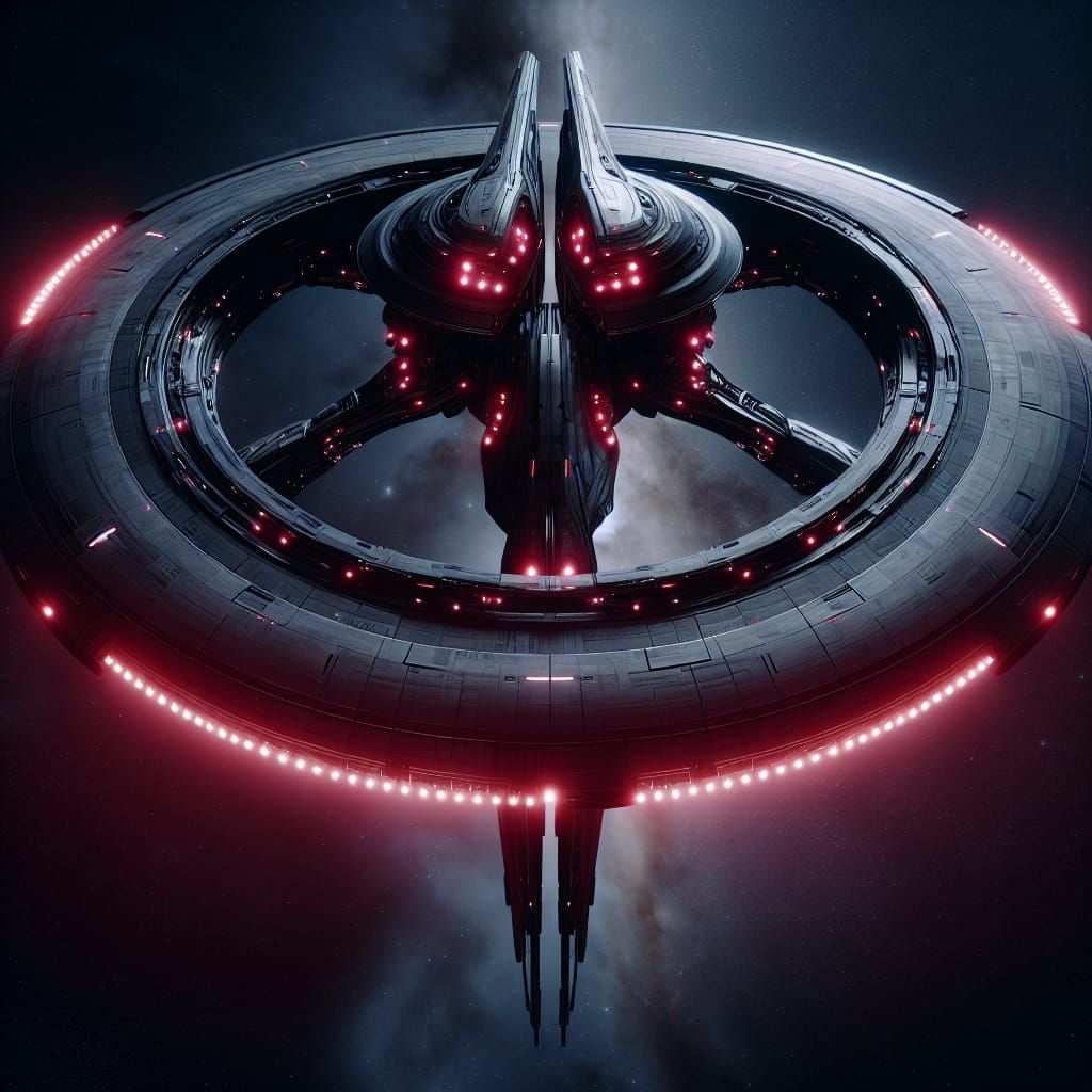 Ominous Space Vessel with Pulsing Red Lights