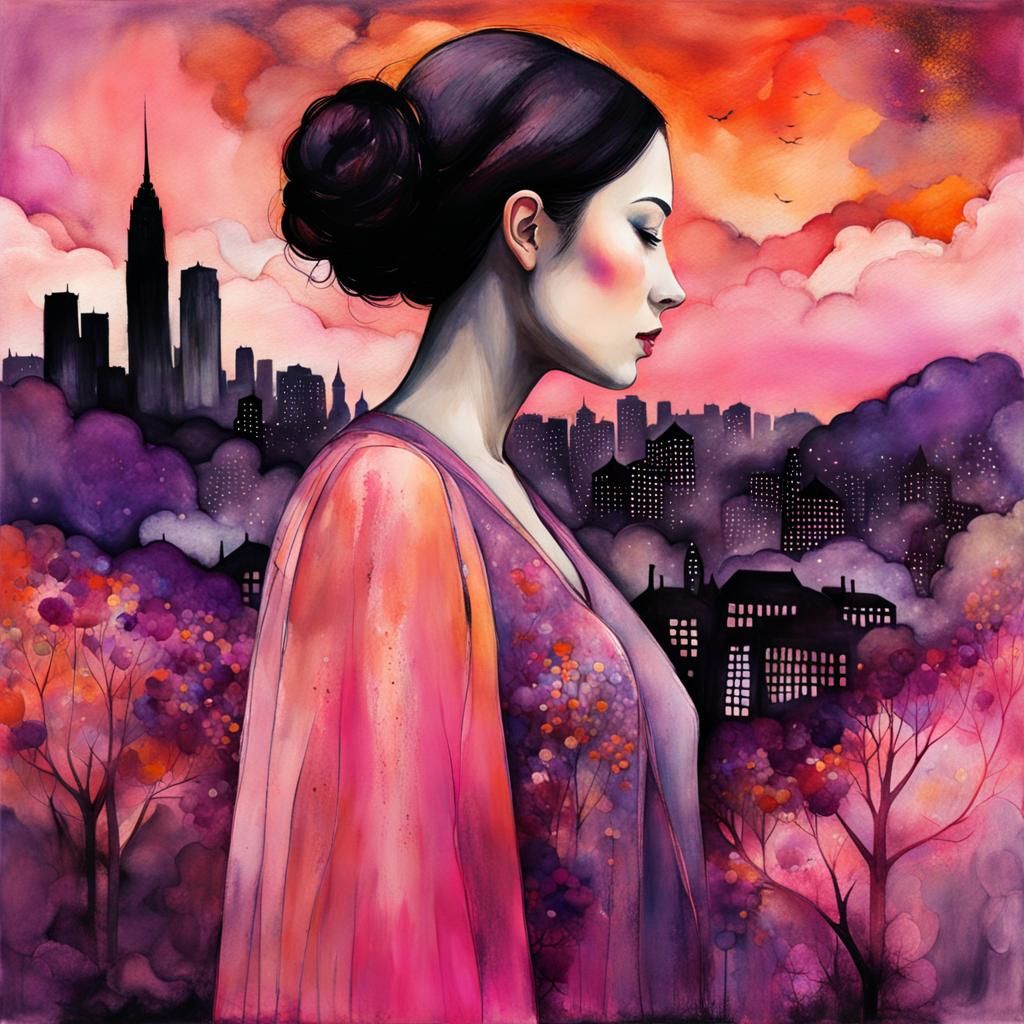 Woman Merging with Summer Landscape in Watercolor Style