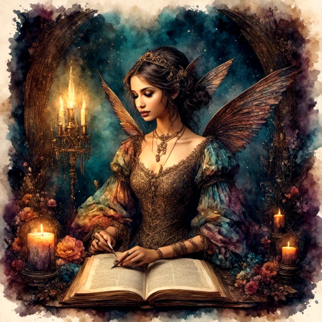 Pixie Reads Antique Book in Watercolor Style