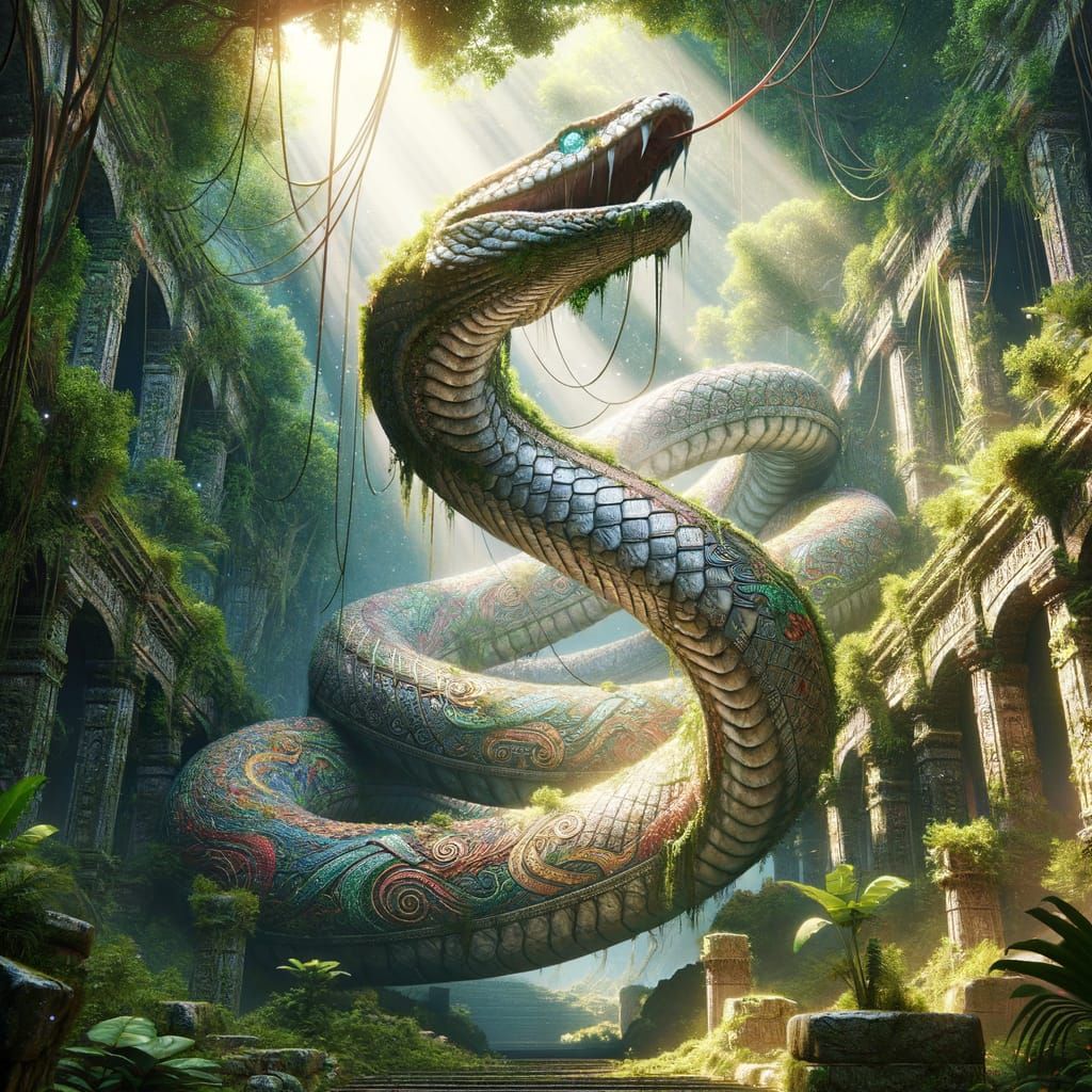 Ancient Serpent Around Ruin, Iridescent Scales, Sunlight Bea...