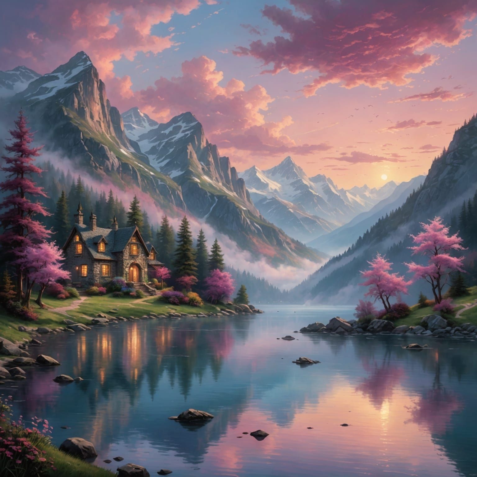 Sunset Lake in Mountains: Ethereal Fantasy Scene