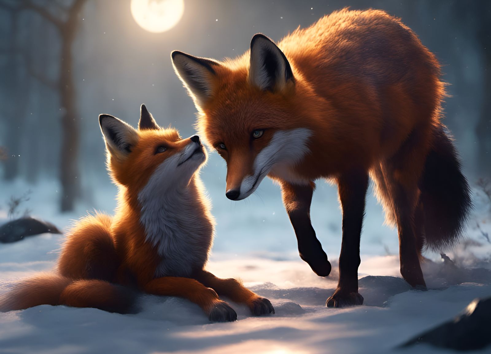 Touching scene between a mother fox and her cub in the moonlight