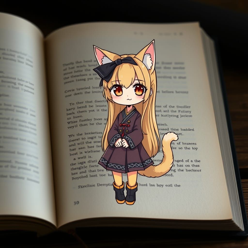 Enchanting Kawaii Catgirl Amidst Ancient Pages