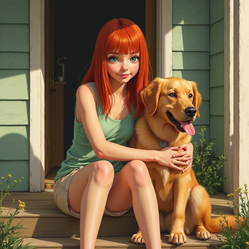 Hyper-Realistic Portrait: Girl with Retriever in Sunlight