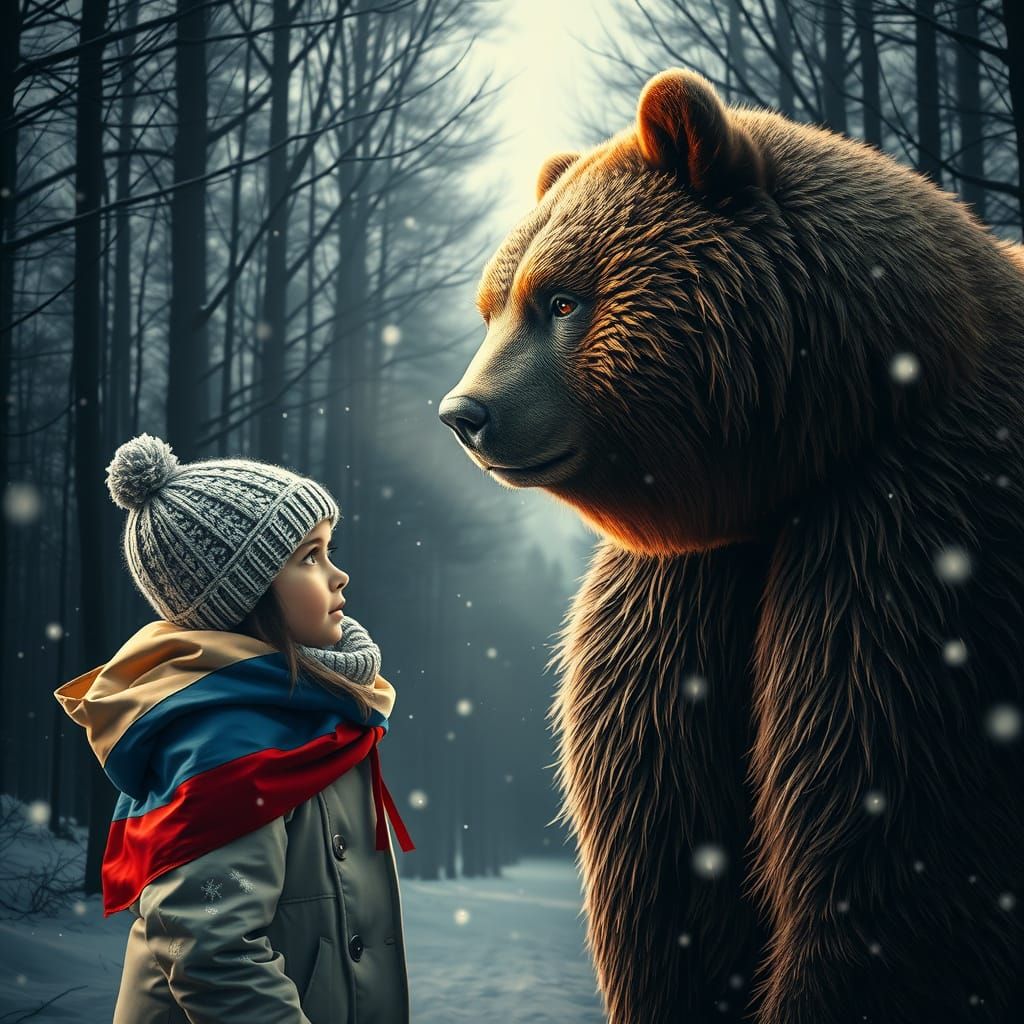 Brown Bear Stands with Curious Girl in Snowy Russian Forest