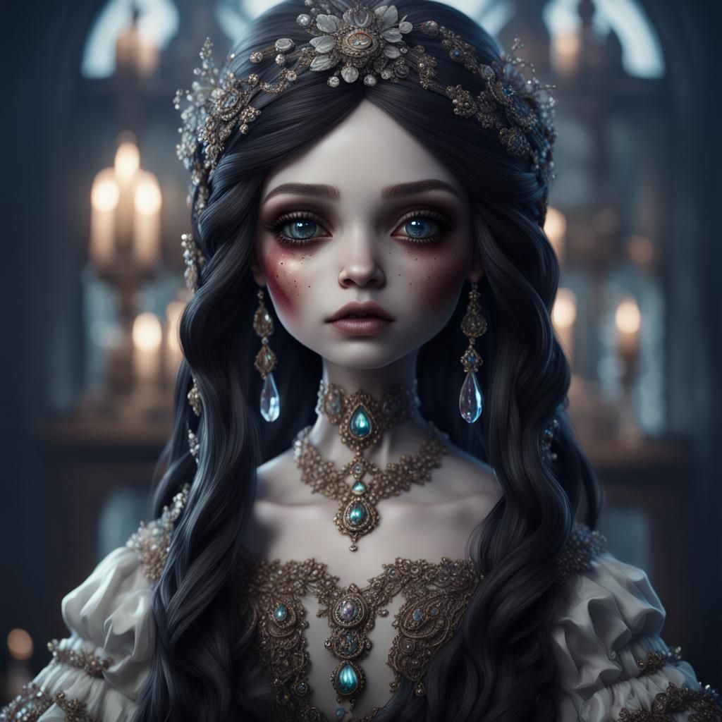 Haunted Porcelain Doll with Tears and Crystals