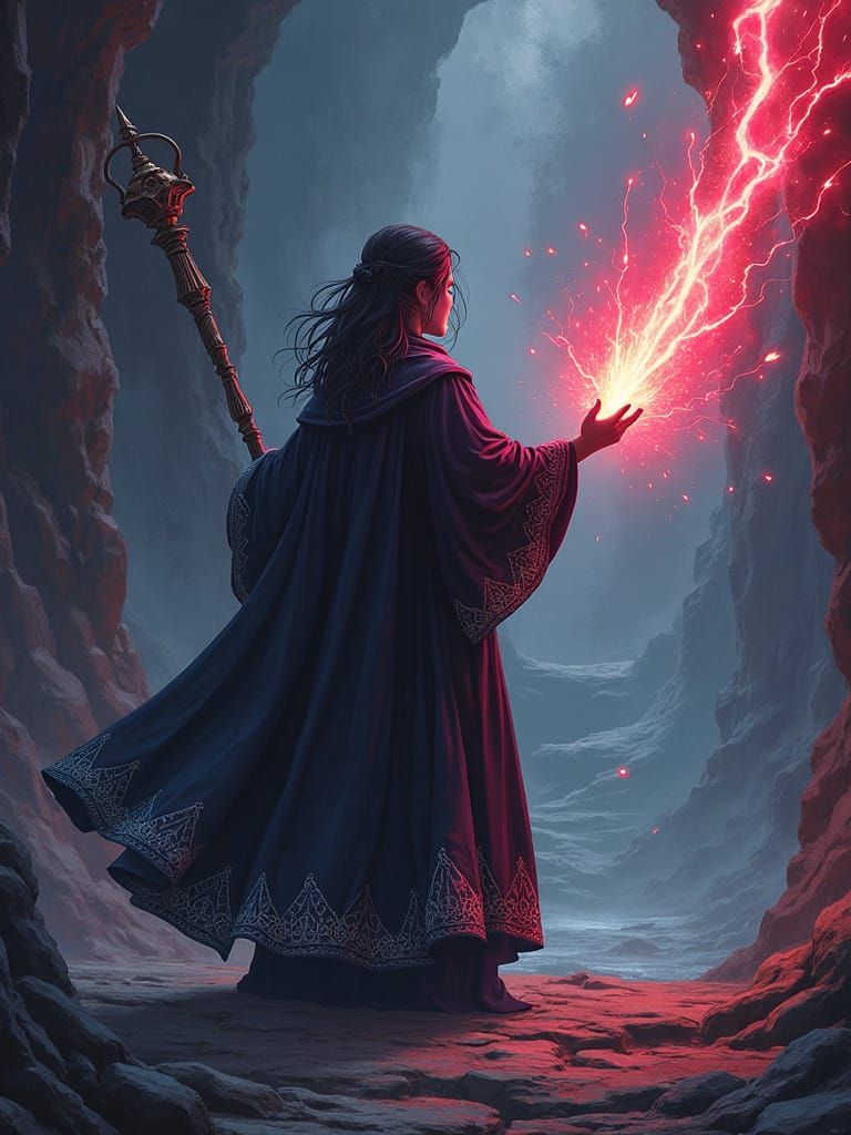 Eldritch Blast Cast by Female Wizard in Dark Cloak