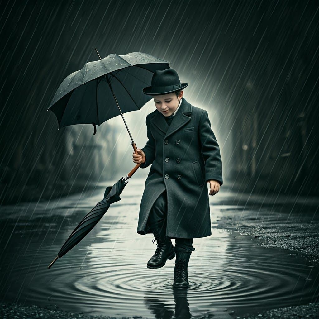 Charming Haredi Jumps in Rainy Winter Puddle
