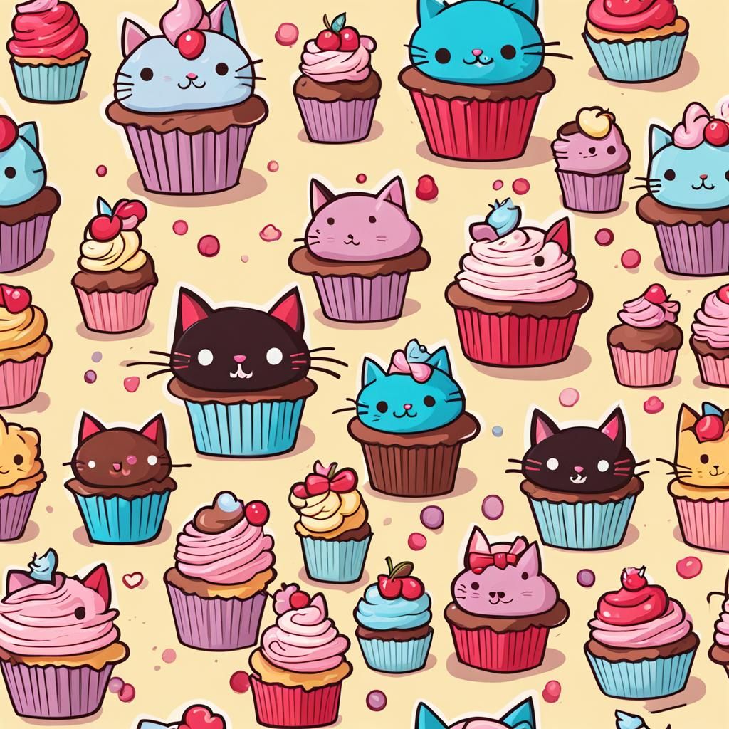 Cute Cartoon Cat Inside a Cupcake