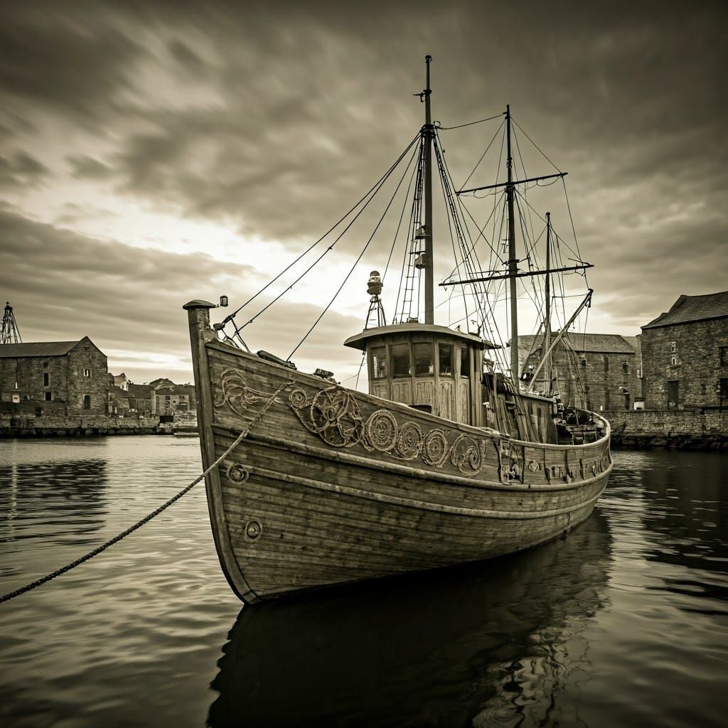 Steampunk Fishing Boat in Harbour at Dusk in Black and White