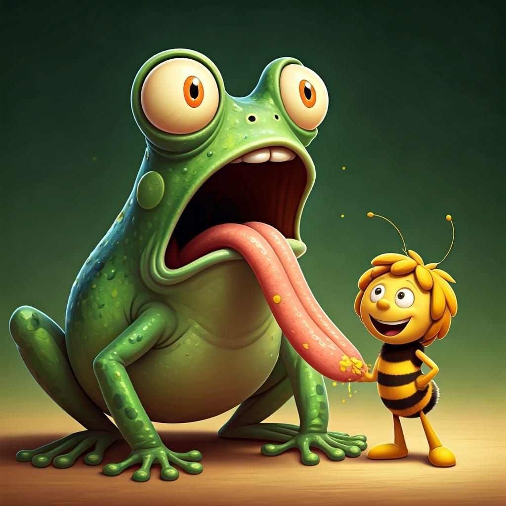 Cartoon Frog's Pollen Mishap, Bee's Amused Reaction