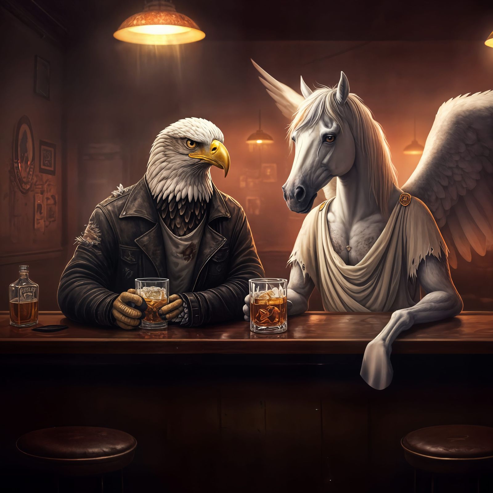 Eagle and Pegasus Relaxing in a Dive Bar