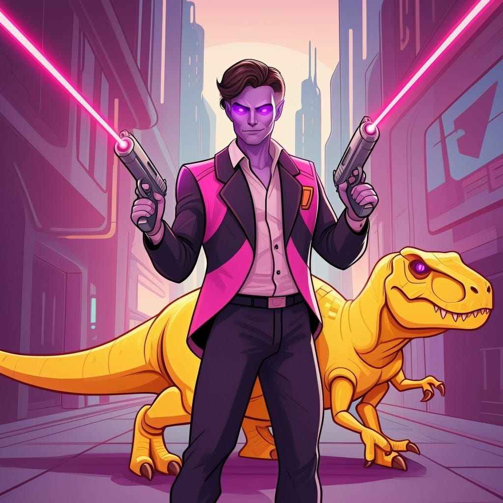 Dashing Space Opera Hero in Vibrant Retro-Futuristic City