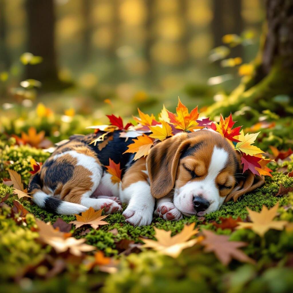 Autumnal Beagle Puppy Asleep in Forest Sunlight
