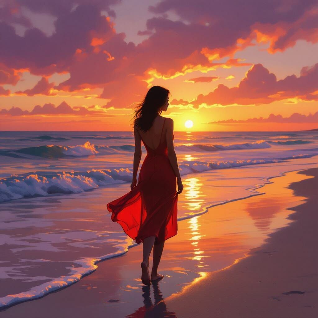 Woman in Red Dress on Beach at Sunset