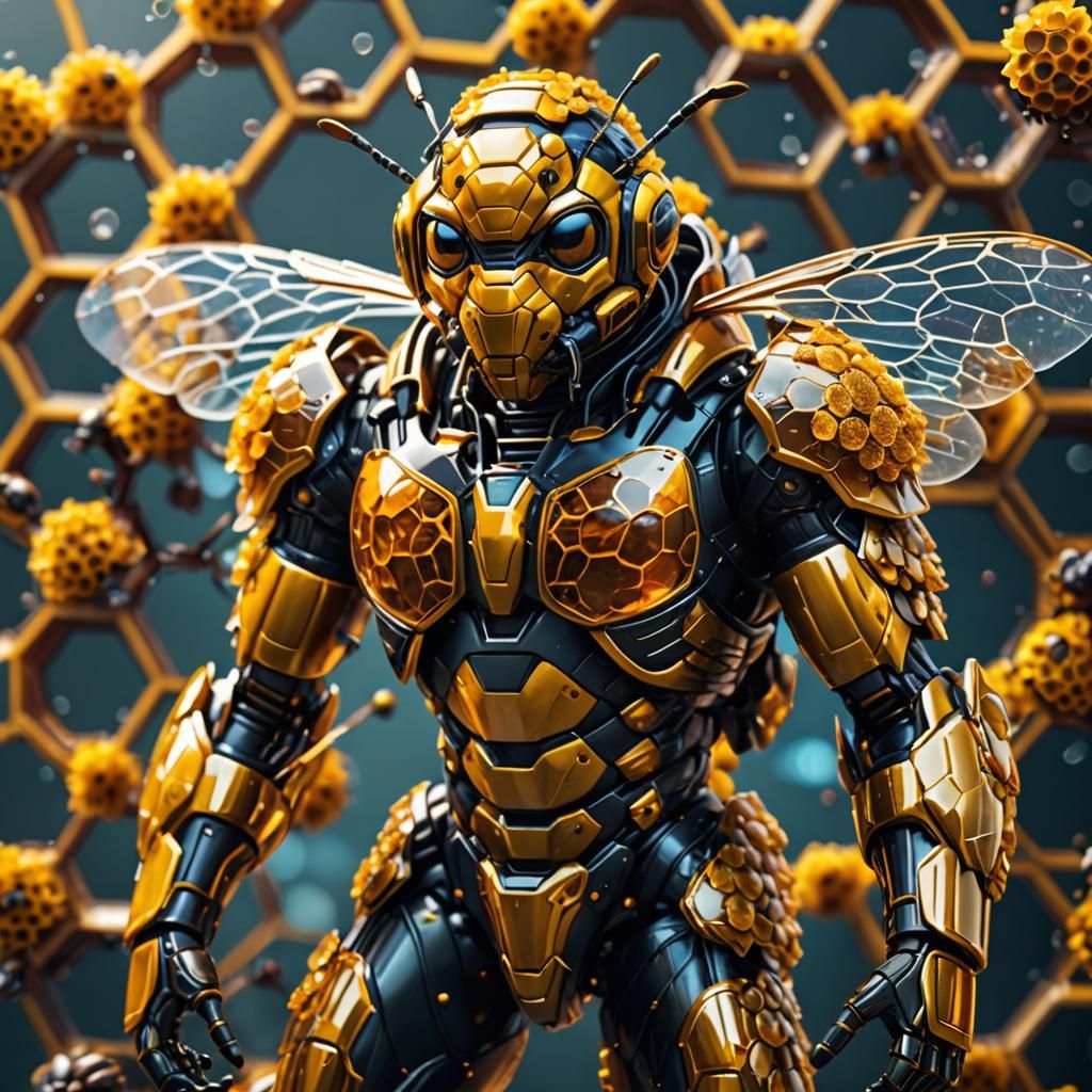 Muscular Humanoid Bee in Honeycomb Armor