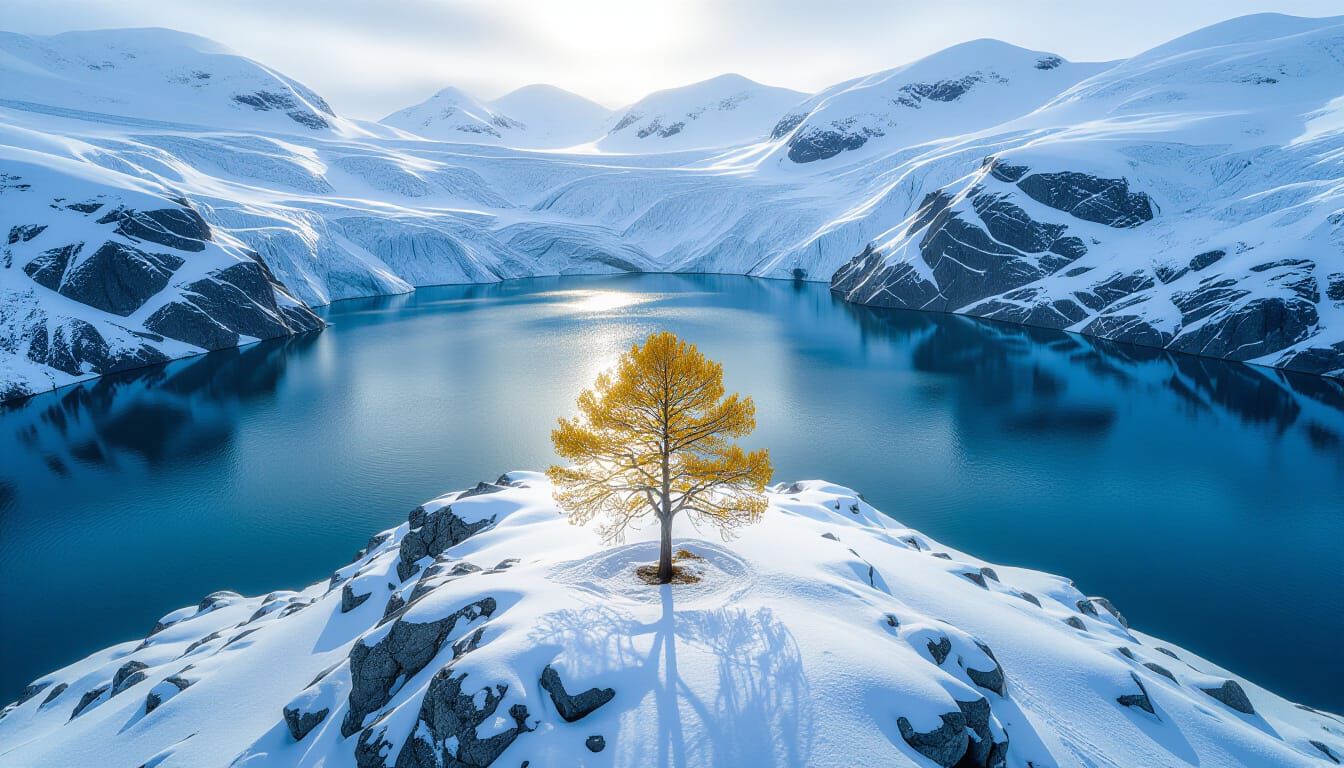 Lone Tree on Snowy Rock Outcrop Over Glacier Lake