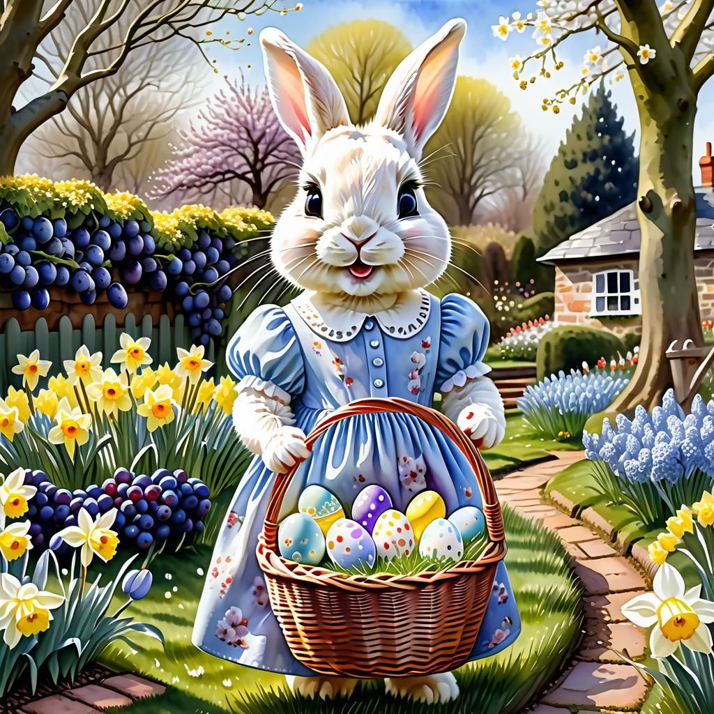 Cute Easter Bunny in Spring Garden, Watercolor Illustration
