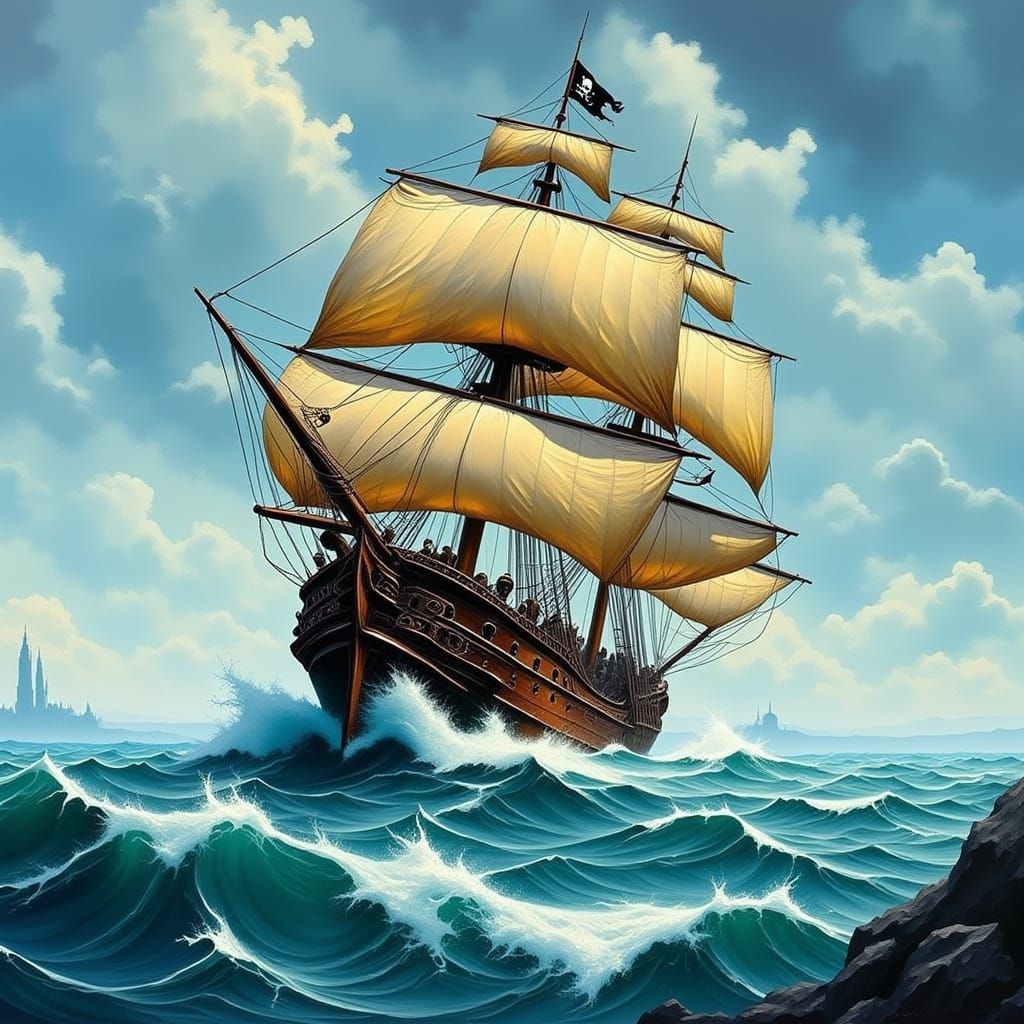 Pirate Ship Sails Through Turbulent Waters in a Vibrant, Dyn...
