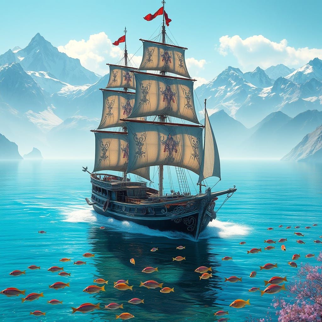 Majestic Sailing Vessel Glides Across Turquoise Sea