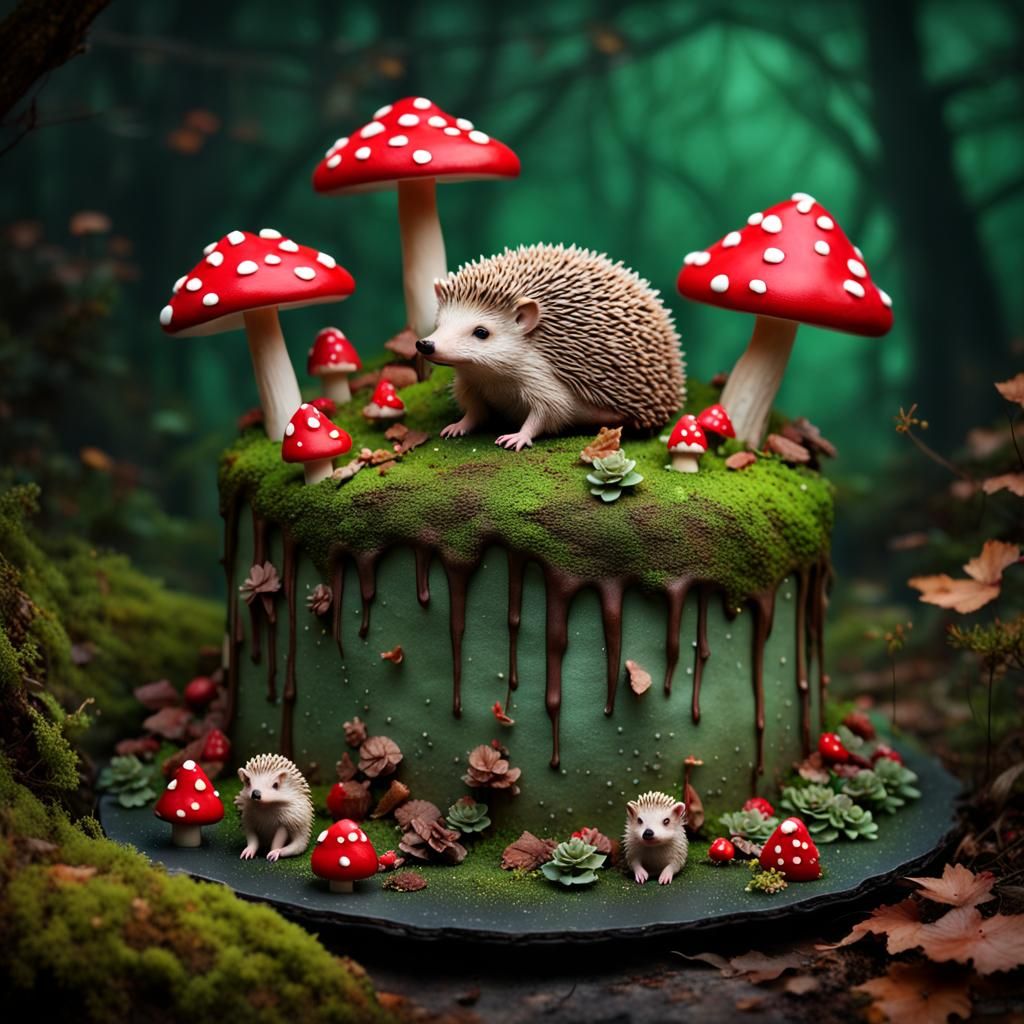 Magical Forest Cake with Toadstools and Hedgehog
