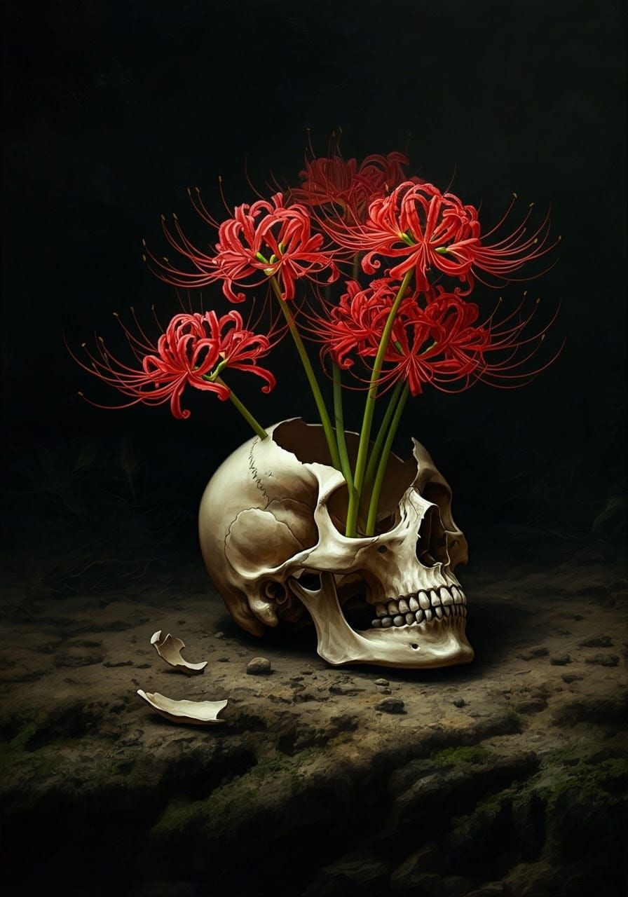Macabre Floral in Dramatic Oil Painting